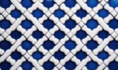 Detailed view of a seamless blue and white ceramic tile pattern creating a striking geometric design.
