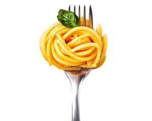 Close-up of Golden Yellow Pasta on a Fork with Basil, PNG