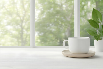 White mug and plant on a windowsill with a blurred green background