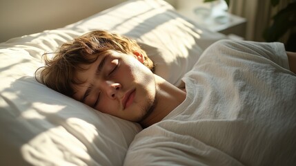 Young man peacefully sleeps in sunlit bed, soft light through window. Ideal for health, relaxation, lifestyle, or sleep-related content.