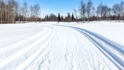 Obraz premium Winding cross-country ski trail through snowy landscape under a clear blue sky