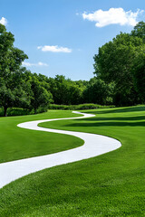Fototapeta premium Winding pathway through lush green park on sunny day