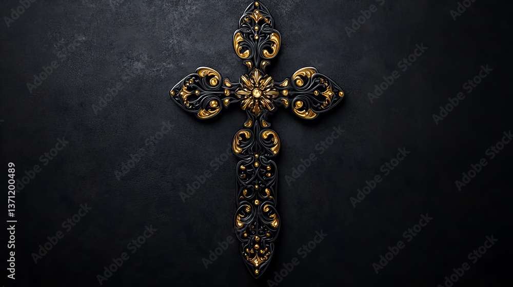 Poster ornate cross with gold detailing is centered on a textured dark background, showcasing intricate des