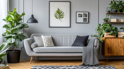 Modern scandinavian home interior with mock up photo frame, design wooden commode, plants in black pots, gray sofa, books and personal accessories. Stylish home decor. Template. Ready to use. 