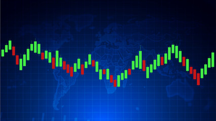 Financial trade concept. Stock market and exchange. Candle stick graph chart on blue glowing background and world map. Business trading global economy.