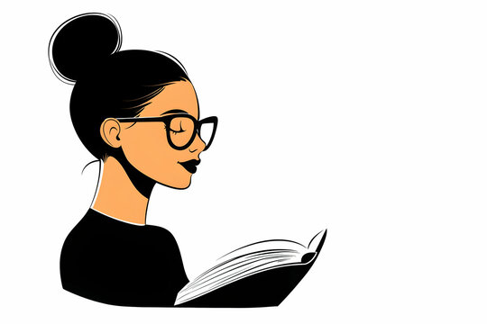 Woman with bun hairstyle wearing glasses, engrossed in reading a book