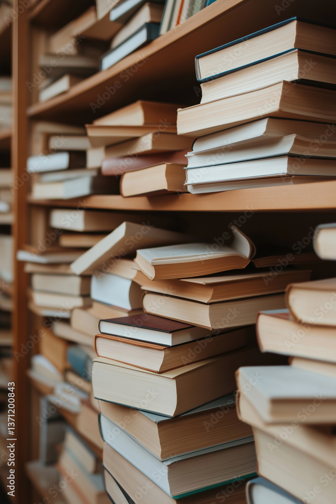 Poster stacks of books in a cozy library creating an inviting reading atmosphere
