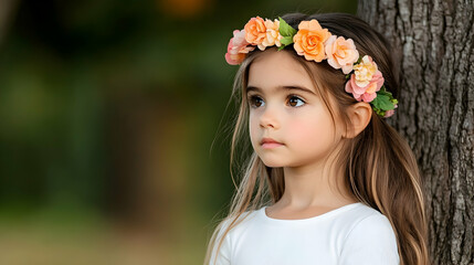 Naklejka premium Young girl with flower crown, pensive expression, leaning against tree