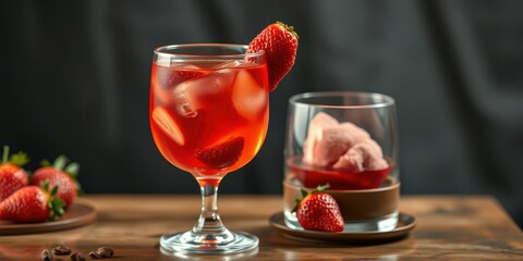 Refreshing strawberry cocktail served with ice and fruity sorbet on a rustic wooden table