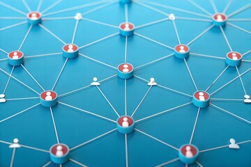 3D rendering of a digital connection network with figures and icons on a blue background. (3d-icon)
