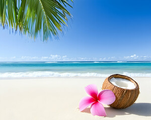 Tropical beach scene with coconut and flower