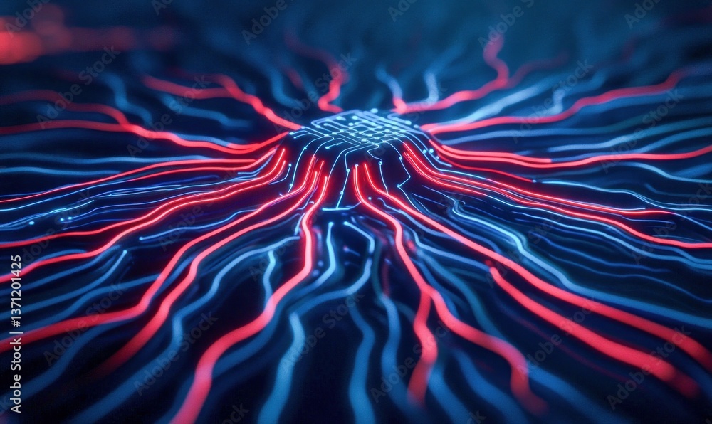 Poster abstract depiction of a central computer processor with vibrant, glowing light trails representing d