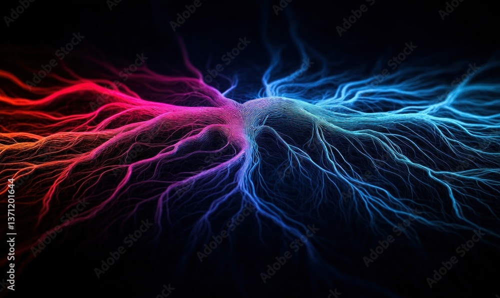 Poster an intricate network of digital neurons branching out in vibrant hues of red and blue.