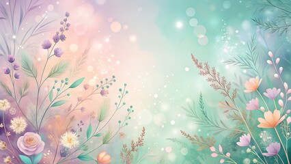 A dreamy abstract floral wash with soft gradients of lavender, peach, and mint, with faint ink line details.
