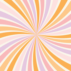 Abstract background with swirling rays in a retro 70s style.Groovy. Bright pastel stripes create a dynamic effect. Suitable for backgrounds, banners, greeting cards, and design.