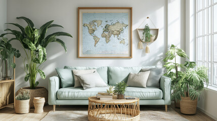 Stylish scandinavian living room interior with design mint sofa, furnitures, mock up poster map, plants, and elegant personal accessories. Home decor. Interior design. Template. Ready to use. 