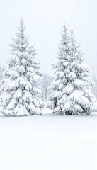 Two snow-laden evergreen trees stand in a snowy field under a pale sky