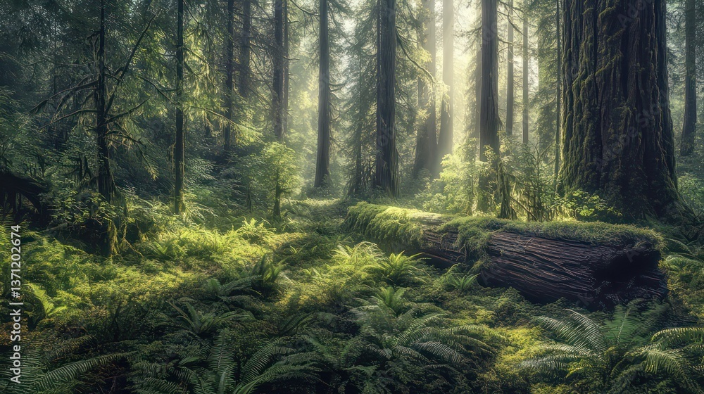 Poster an enchanting forest scene with tall trees and dappled sunlight filtering through the canopy, creati