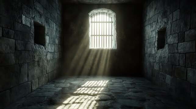 An old and gloomy jail cell with light shining through the window. The scene has a strong sense of confinement and despair.