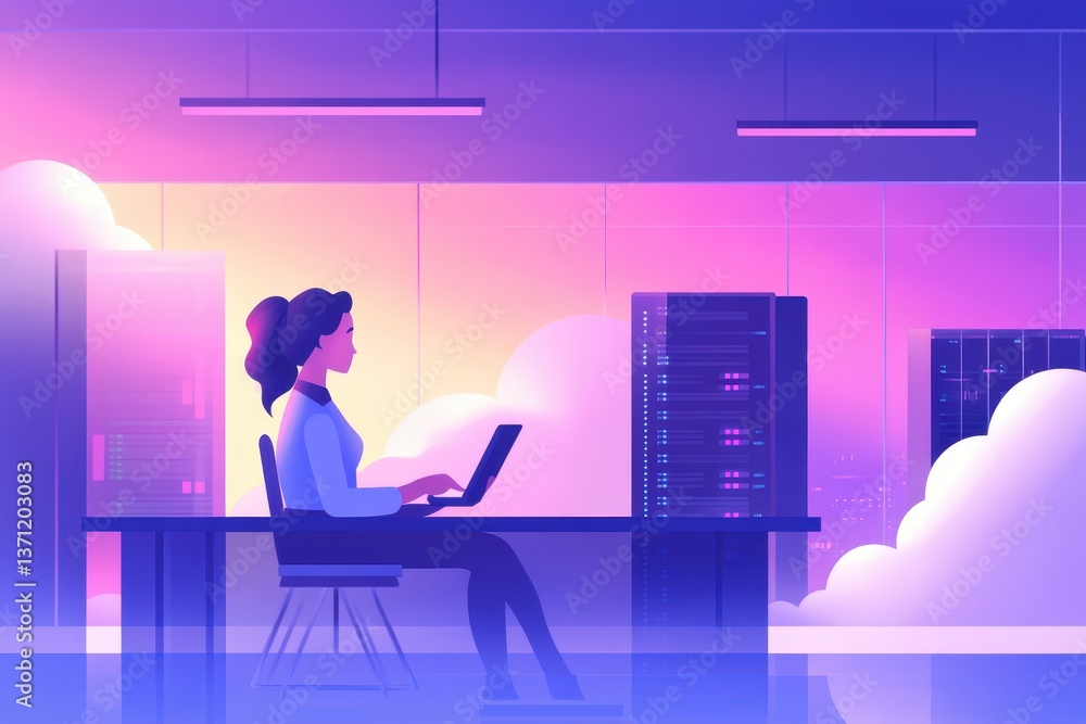 Poster a woman works at a computer in a server room with a skyline background. ideal for technology, cloud 