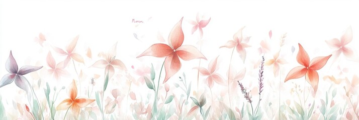 Serene Watercolor Floral Meadow Soft Pastel Blossoms and Delicate Greenery
