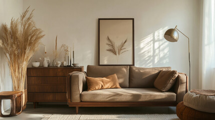 Interior design of living room interior with mock up poster frame, wooden commode, lamp on wooden stand, brown sofa, vase with dried flowers, candle and personal accessories. Home decor. Template. 