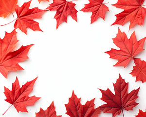 Obraz premium Vibrant red maple leaves arranged in a frame on white background