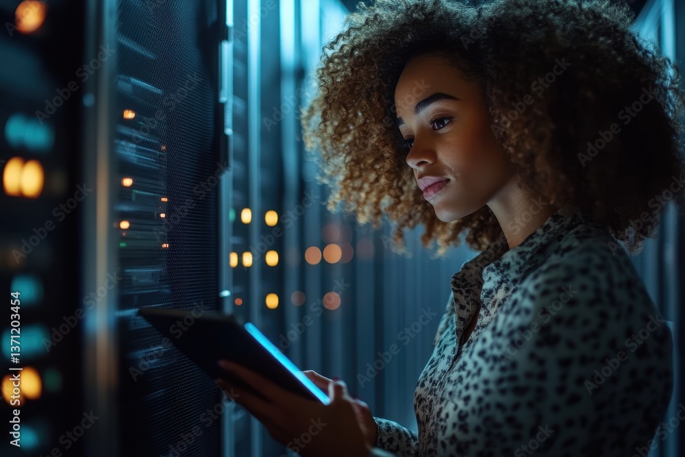 Poster woman with tablet checks server. ideal for it, data management and cybersecurity concepts.