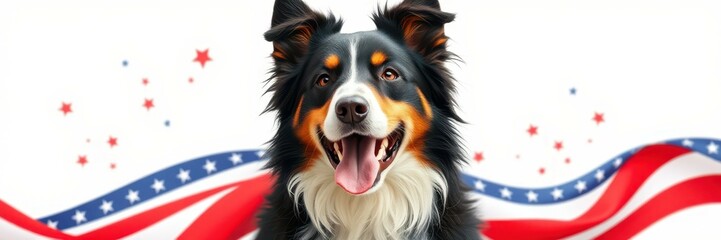 Fototapeta premium A border collie dog with a predominantly black and tan coat poses cheerfully before a waving American flag