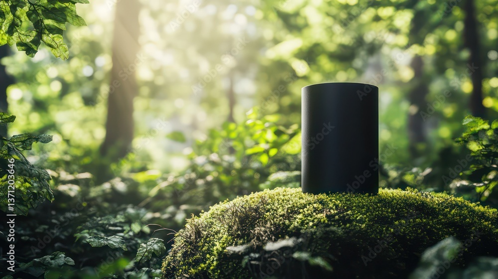 Poster an object on a mossy surface, nestled within a verdant forest with sunlit trees. a minimalist design
