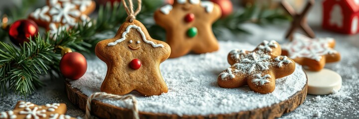 Gingerbread cookies decorated with icing and festive colors on a wooden board surrounded by seasonal decorations