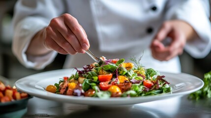 Chef meticulously arranges a vibrant salad dish for culinary excellence