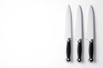 Three chef's knives arranged in a row on a white background