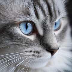 close-up shot of a captivating cat with striking blue eyes and a focused expression. The cat's gaze is intense, creating a sense of connection with the viewer