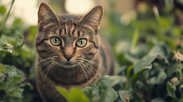 a close-up portrait of a domestic cat gazing with piercing eyes, set against a backdrop of lush greenery 