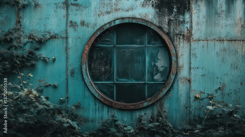 Poster a round window in an old abandoned building with rust