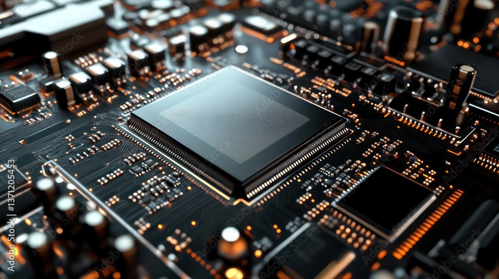 Poster close-up of a computer chip, highlighting the intricate details and technological essence. a dark, c