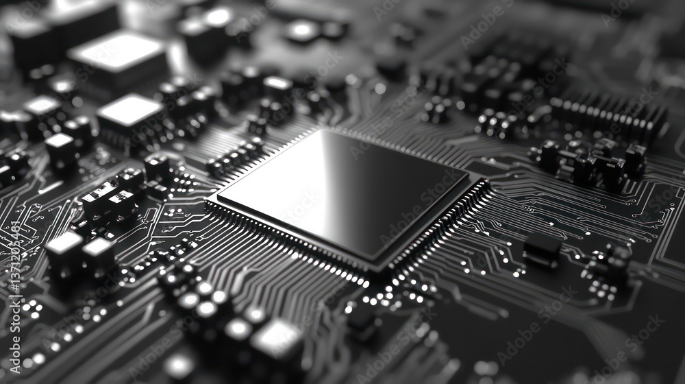 Poster a detailed close-up of a computer chip, illustrating the intricate circuitry and components
