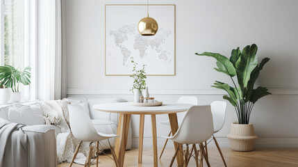 Stylish and eclectic dining room interior with mock up poster map, sharing table design chairs, gold pedant lamp and elegant sofa in second space. White walls,  wooden parquet. Tropical leafs in vase.