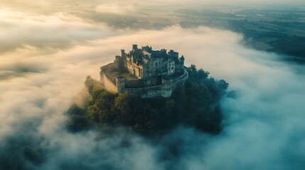 Fototapeta premium Majestic fortress emerges from swirling fog in atmospheric aerial landscape