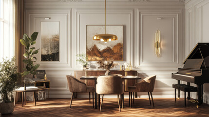 Eclectic and elegant dining room interior with design sharing table, chairs, gold pedant lamp, abstract paintings, piano and stylish accessories. Eclectic decor. Brown wooden parquet. Real photo.