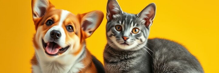 A cheerful corgi dog and a calm grey cat sit side-by-side against a vibrant yellow backdrop