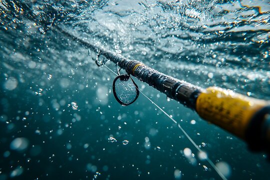 Fishing line pulling tight, bending the rod as a big catch struggles below the surface