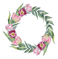 Watercolor spring wreath with hand-painted pink and burgundy tulips, and green leaf branches on a transparent background.