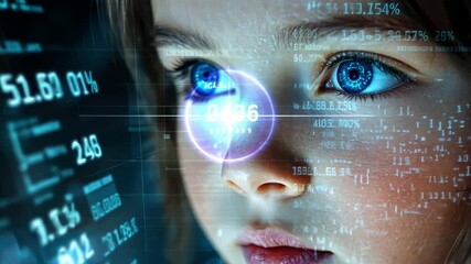 Little girl with digital code data overlay, cyberspace and information technology of the future. Ai education and cybersecurity - Powered by Adobe