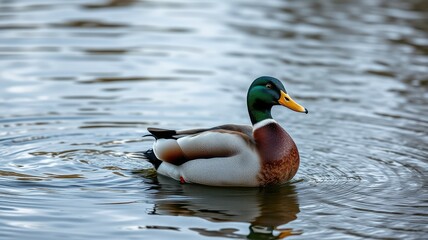 Obraz premium Mallard duck swimming peacefully in a serene pond surrounded by gentle ripples at dusk