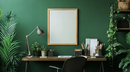 Green  stylish interior with wooden mock up poster frame, a lot of modern plants and office accessories. Creative composition of desk in green interior.
