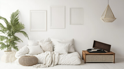 Stylish  scandinavian white interior with vintage gramophone, pillows, blanket, tropical plant and mock up photo frames. White background walls and modern triangle lamp. 