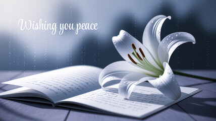 White lily flower on an open book with text Wishing you peace, symbolizing serenity and reflection, with a blurred background