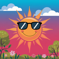 Smiling sun wearing sunglasses shining over a colorful landscape  